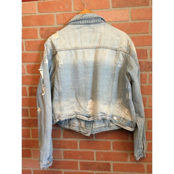 Women's Denim Jean Trucker Jacket Embroidered Stars Distressed Size 2X Angel Kis - Picture 4 of 7